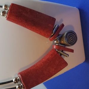 STUNNING RED WOOD, METAL, CORD NECKLACE